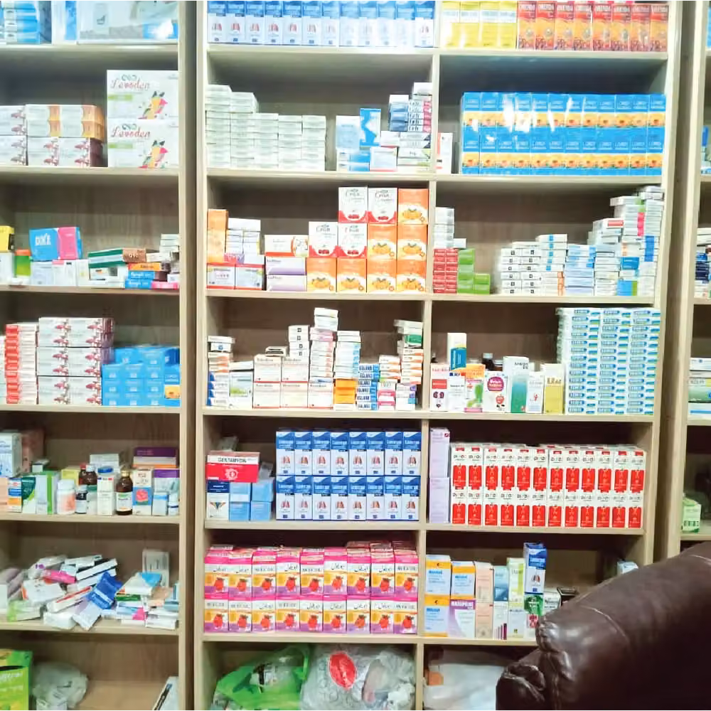 Shelves of medicines at Masjid Pharmacy